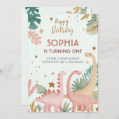 Schönes rosa Dino Einladung (Vorne/Hinten)