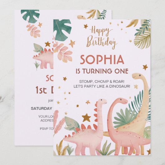 Schönes rosa Dino Einladung (Vorne/Hinten)