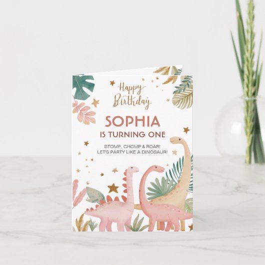 Schönes rosa Dino gefolgte Einladung (Vorderseite)