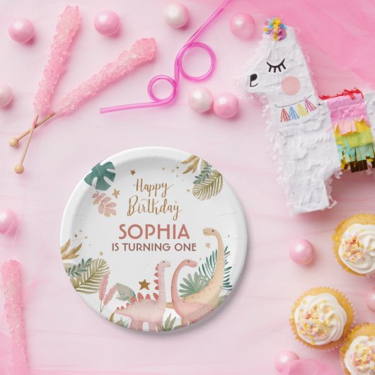 Schönes rosa Dino Pappteller (Party)