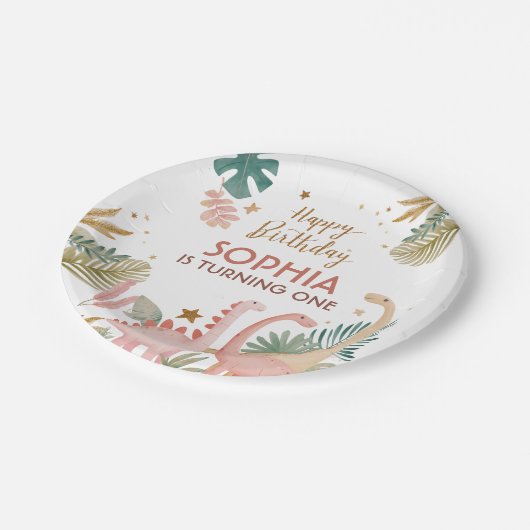 Schönes rosa Dino Pappteller (Schrägansicht)