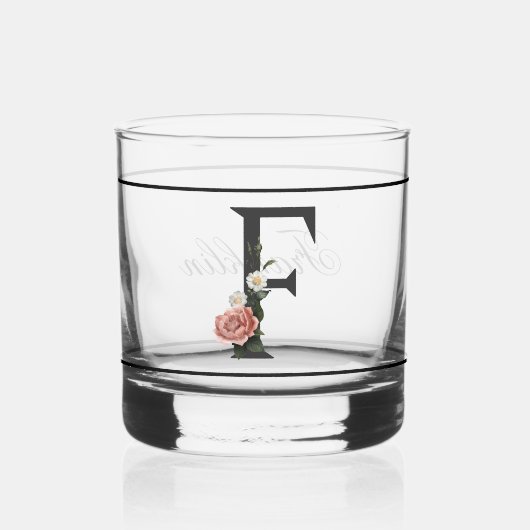 Schönes rosa, floral dekoriertes Schwarzes Monogra Whiskyglas (Vorderseite)
