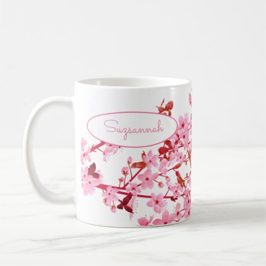 Schönes rosa Kirschblossom, florale Custom Kaffeetasse (Links)