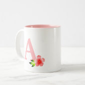 Schönes rosa Monogramm mit weißer Blume Zweifarbige Tasse (Vorderseite Links)