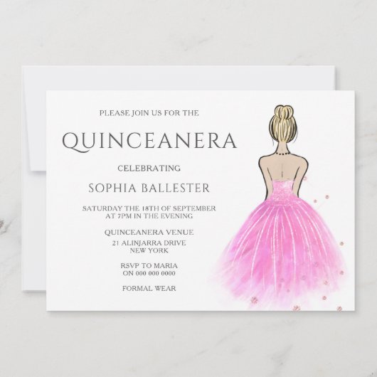 Schönes rosa Prinzesskleid Quinceanera Party Einladung (Rückseite)