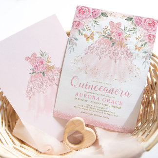 Schönes rosa Roses Princess Dress Quinceañera Einladung