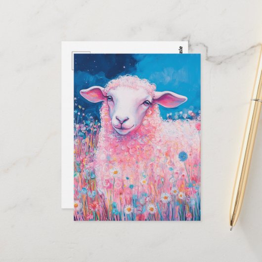 Schönes rosa Schaf in den Blume Postkarte (Vorderseite/Rückseite Beispiel)