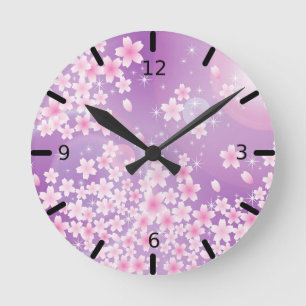 Schönes Rosa und Lila japanisches Floral Runde Wanduhr
