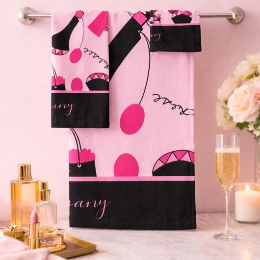 Schönes rosa und schwarzes Paris Badhandtuch Set