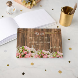 Schönes Rosa und Weiße Rosen auf Holz - Gästebuch