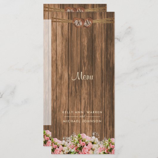 Schönes Rosa und Weiße Rosen auf Holz - Menü Menükarte (Vorne/Hinten)
