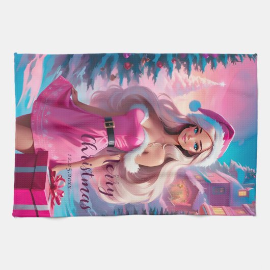 Schönes rosa Weihnachtsmädchen 01 Geschirrtuch (Horizontal)