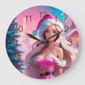 Schönes rosa Weihnachtsmädchen 01 Große Wanduhr (Vorderseite)