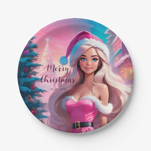 Schönes rosa Weihnachtsmädchen 01 Pappteller (Vorderseite)