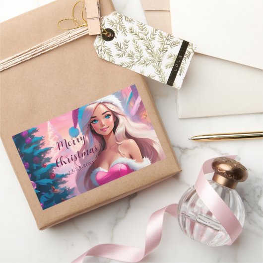 Schönes rosa Weihnachtsmädchen 01 Rechteckiger Aufkleber (Schenken)