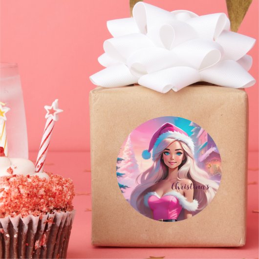 Schönes rosa Weihnachtsmädchen 01 Runder Aufkleber (Party)