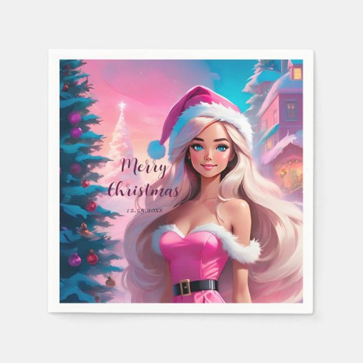 Schönes rosa Weihnachtsmädchen 01 Serviette (Vorderseite)