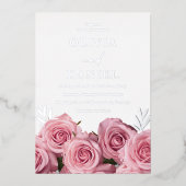Schönes Rosenblütenrosen Hochzeitsilber Folieneinladung (Vorderseite)