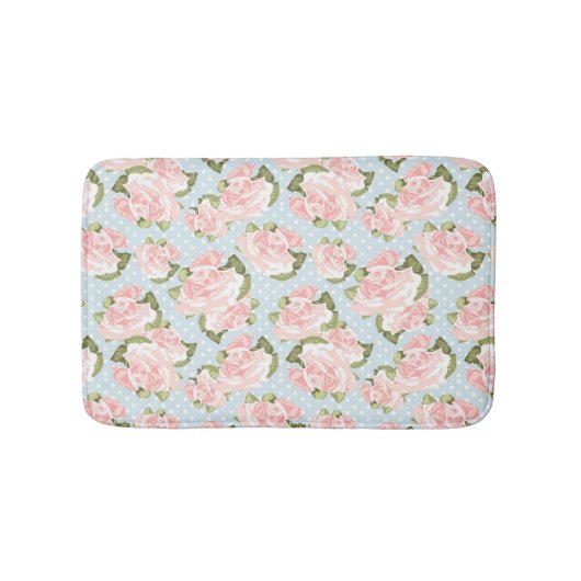 Schönes Rosenmuster mit blauen Polkapunkten Badematte (Vorderseite)