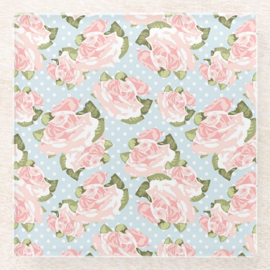 Schönes Rosenmuster mit blauen Polkapunkten Glasuntersetzer (Vorderseite)