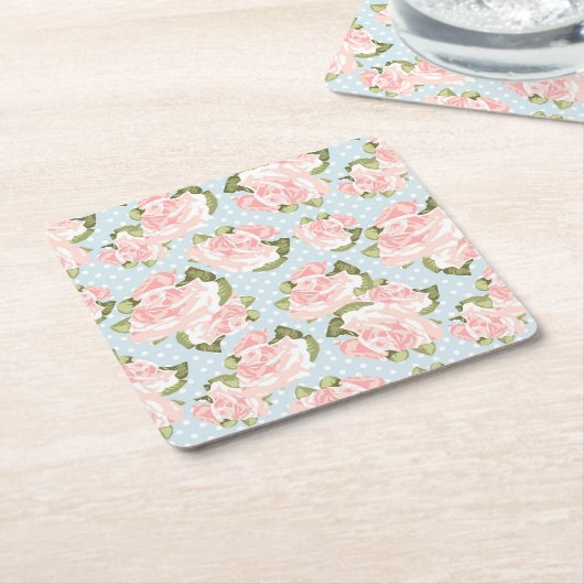 Schönes Rosenmuster mit blauen Polkapunkten Rechteckiger Pappuntersetzer (angewinkelt)