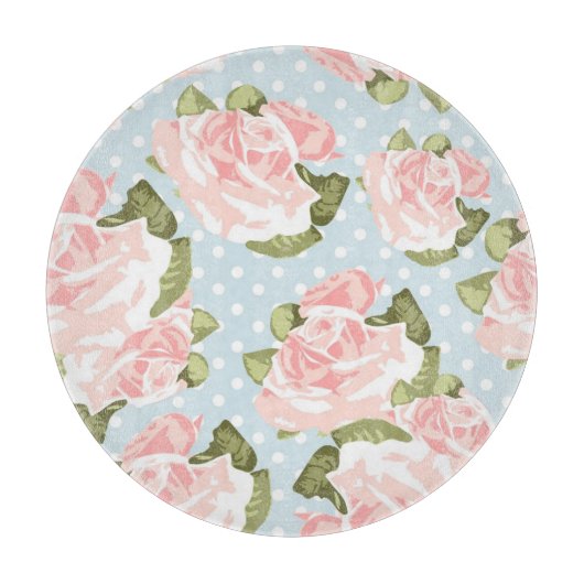 Schönes Rosenmuster mit blauen Polkapunkten Schneidebrett (Vorderseite)