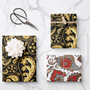Schönes Rot, Schwarz und Gold Paisley-Muster Geschenkpapier Set
