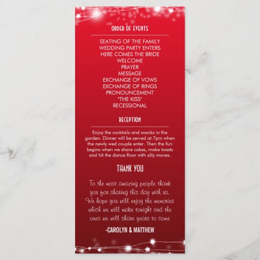 Schönes Rotes Hochzeitsprogramm für glühende Stern Programm (Rückseite)