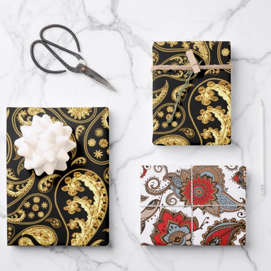 Schönes rotes, schwarzes und goldenes Paisley-Must Geschenkpapier Set (Vorderseite)