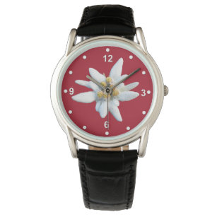 Schönes rotes Stück mit weißem Edelweiss Blüte Armbanduhr