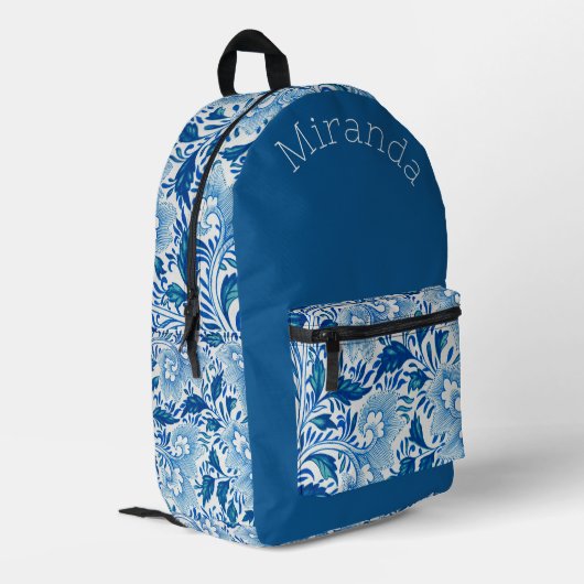 Schönes Royal Blue und Weiß Floral Mit Monogramm Bedruckter Rucksack (Rückseitige Ecke links)