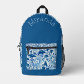 Schönes Royal Blue und Weiß Floral Mit Monogramm Bedruckter Rucksack (Vorderseite)