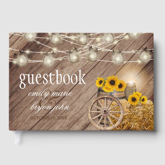 Schönes Rustikales Holzfass mit Sonnenblumen Gästebuch (Vorderseite)