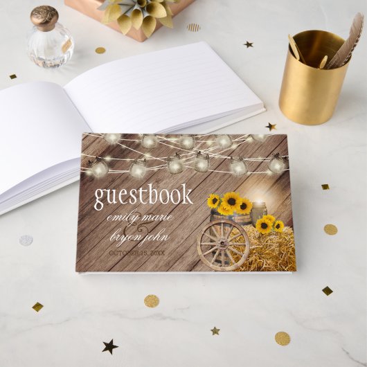 Schönes Rustikales Holzfass mit Sonnenblumen Gästebuch (Vorderseite Offen)