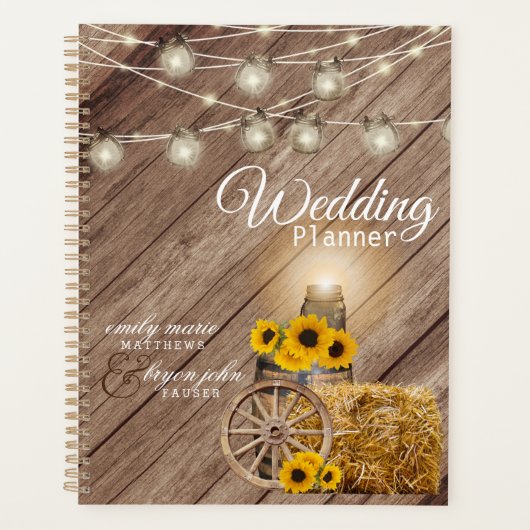 Schönes rustikales Holzfass und Sonnenblumen Planer (Vorderseite)