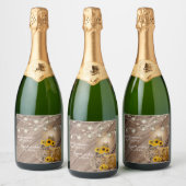 Schönes rustikales Holzfass und Sonnenblumen Schaumweinetikett (Flaschen)