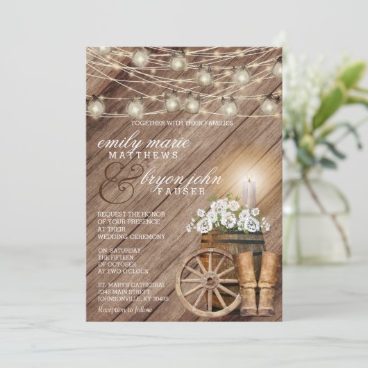 Schönes rustikales Holzfass und weiße Blüte Einladung (Stehend Vorderseite)