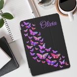 Schönes Schmetterlingsmuster Lila Pink Black iPad Air Hülle<br><div class="desc">Fügen Sie Ihren Namen zu diesem wunderschönen Lila Schmetterlingsdesign mit der Vorlage Olivia hinzu und kreieren Sie ein einzigartiges Geschenk, das Sie auf der hohen Straße nicht finden werden. Diese farbenfrohen psychedelisch kühnen, lebendigen Schmetterlinge in Blues, Rosa, lila, Gelb und Orange, wo mit digitaler Malerei geschaffen. Schöne künstlerische Schmetterlingsmalerei Illustrationen...</div>