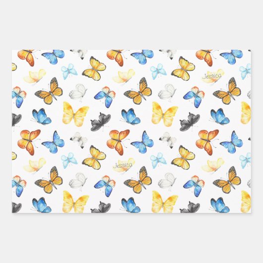 Schönes Schmetterlingsmuster mit dem Namen Geburts Geschenkpapier Set (Vorderseite)
