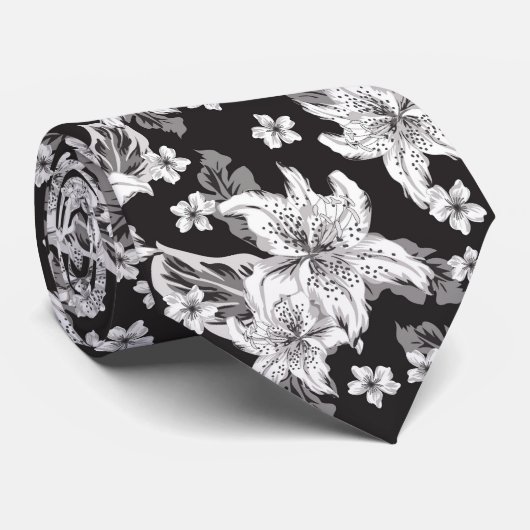 Schönes schwarz weißes Blumenmuster Krawatte (Gerollt)
