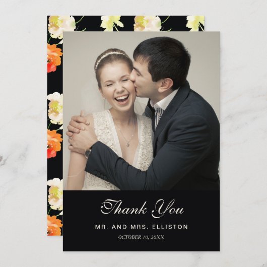 Schönes schwarzes Blumen - Hochzeit Dankeskarte (Vorne/Hinten)