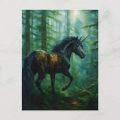 Schönes Schwarzes Einhorn im Wald Postkarte (Vorderseite)
