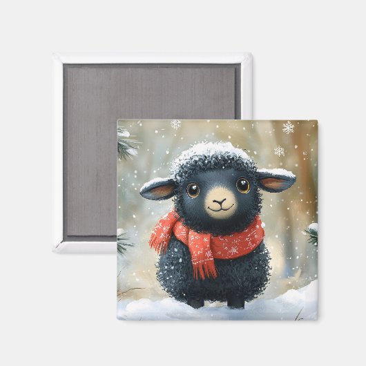 Schönes schwarzes Lamm mit rotem Scarf Magnet (Vorderseite/Rückseite)