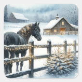 Schönes Schwarzes Pferd auf einem Weihnachtsbaum Quadratischer Aufkleber (Vorderseite)