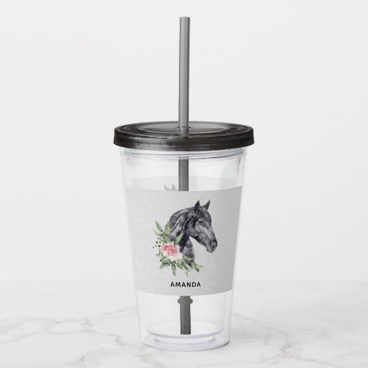 Schönes Schwarzes Pferd Kopf Portrait Wasserfarbe Acryltrinkbecher (Vorderseite)