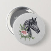 Schönes Schwarzes Pferd Kopf Portrait Wasserfarbe Button (Vorne & Hinten)