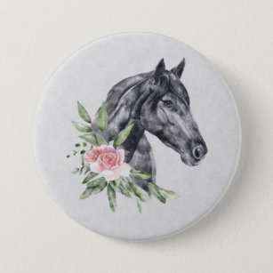 Schönes Schwarzes Pferd Kopf Portrait Wasserfarbe Button