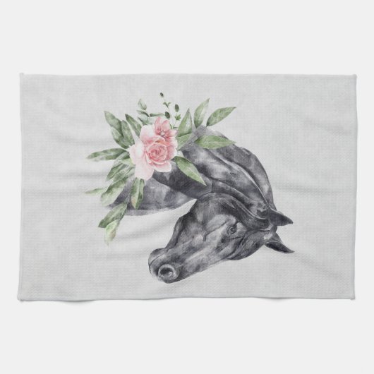 Schönes Schwarzes Pferd Kopf Portrait Wasserfarbe Geschirrtuch (Horizontal)