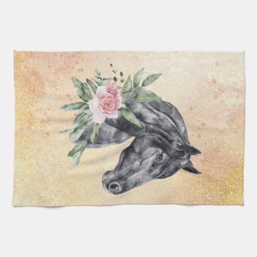 Schönes Schwarzes Pferd Kopf Portrait Wasserfarbe Geschirrtuch (Horizontal)