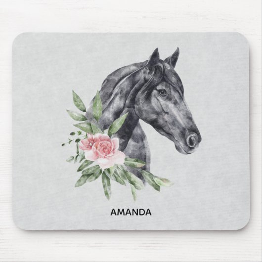 Schönes Schwarzes Pferd Kopf Portrait Wasserfarbe Mousepad (Vorne)